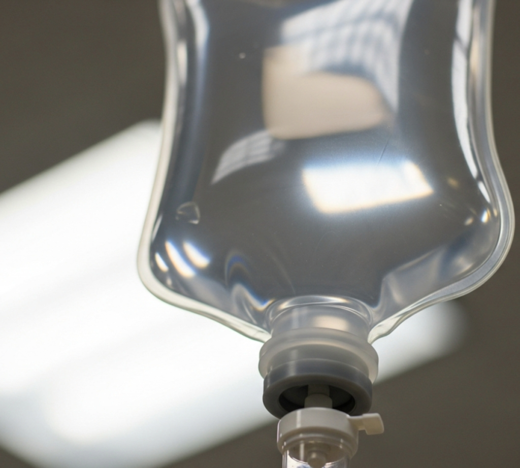Specialty and infusion pharmacy Intravenous infusion bag hanging in a clinical pharmacy setting